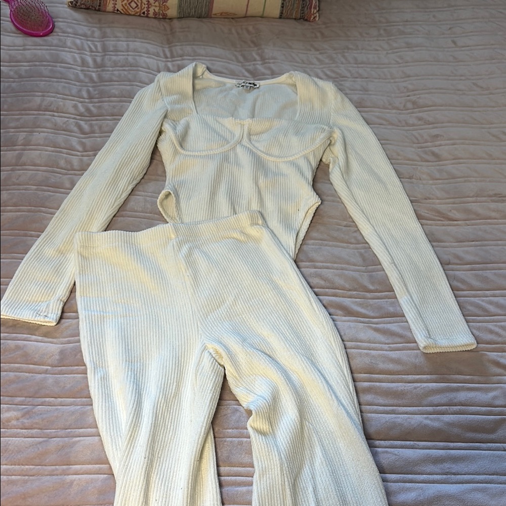 Fashion Nova Cream Textured Jumpsuit